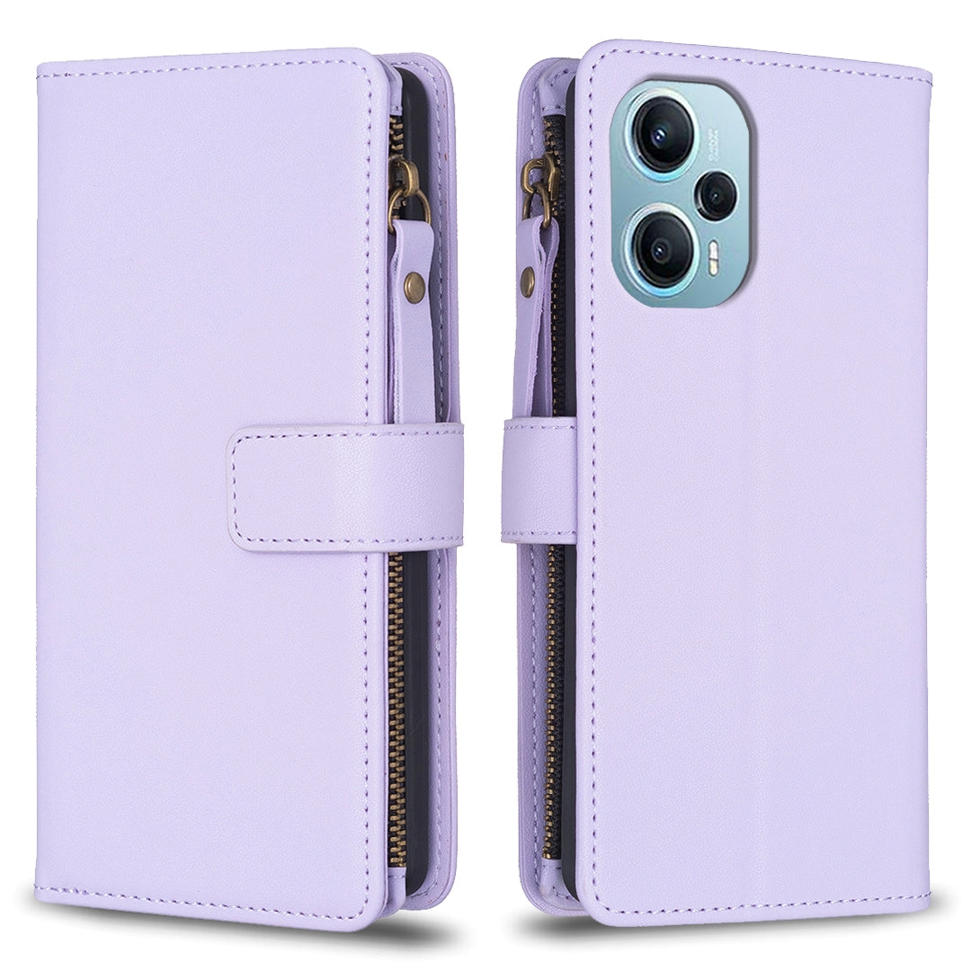 Xiaomi Poco F5 5G Leather Flip Phone Case with 9 Card Slots, Zipper Wallet & Detachable Wristlet Strap