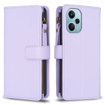Xiaomi Poco F5 5G Leather Flip Phone Case with 9 Card Slots, Zipper Wallet & Detachable Wristlet Strap