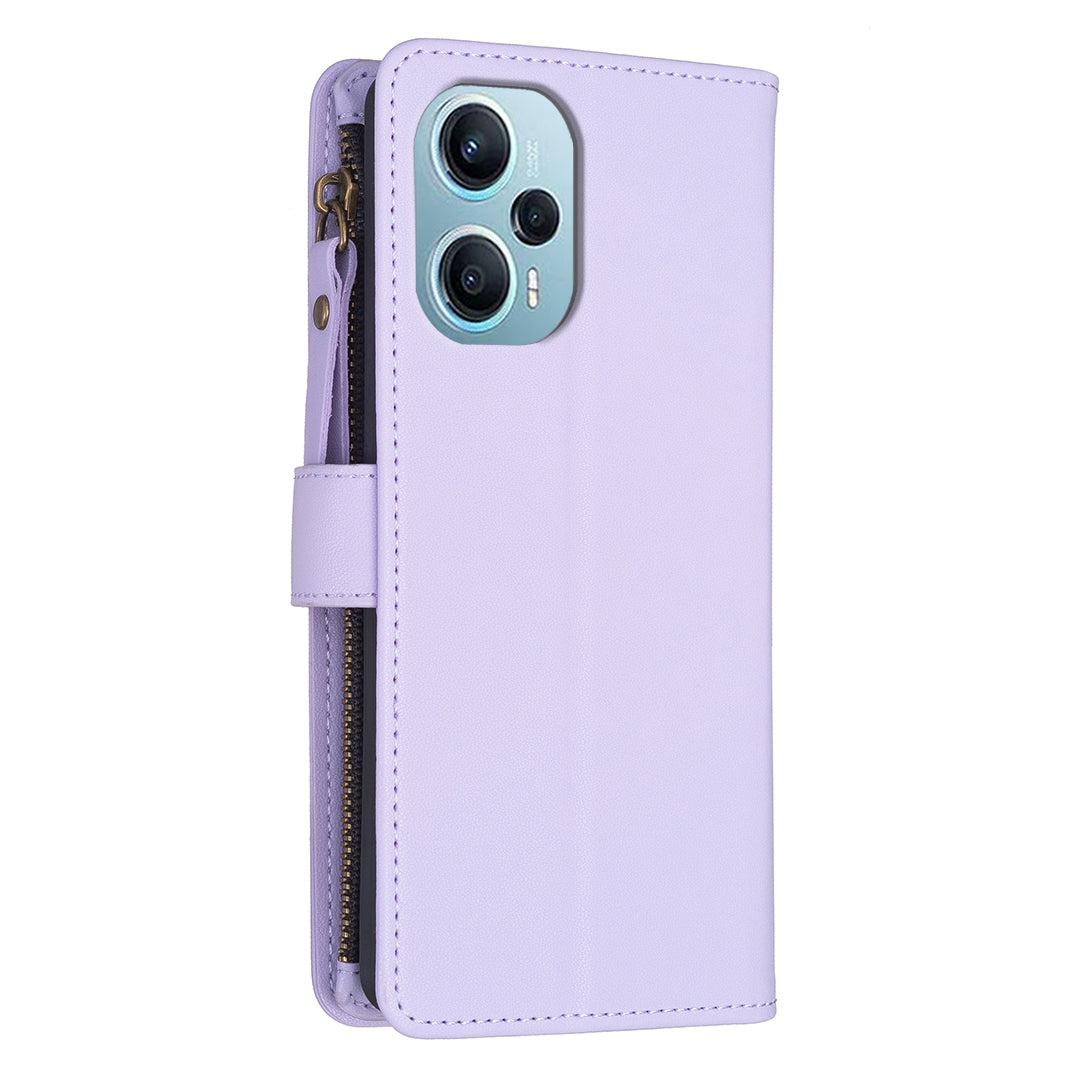 Xiaomi Poco F5 5G Leather Flip Phone Case with 9 Card Slots, Zipper Wallet & Detachable Wristlet Strap