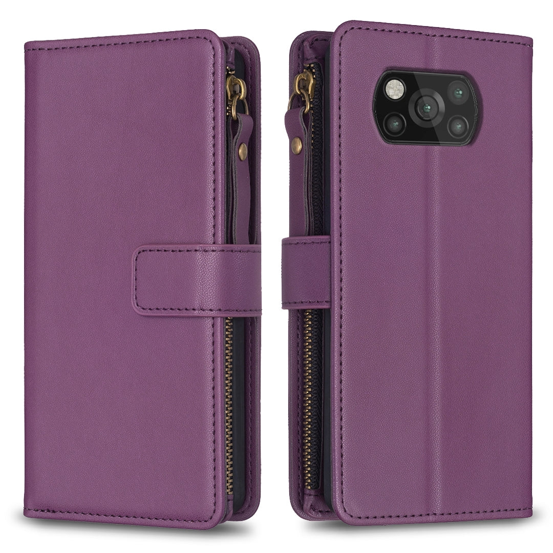 Xiaomi Poco X3 Leather Flip Phone Case with 9 Card Slots, Zipper Wallet & Detachable Wristlet Strap