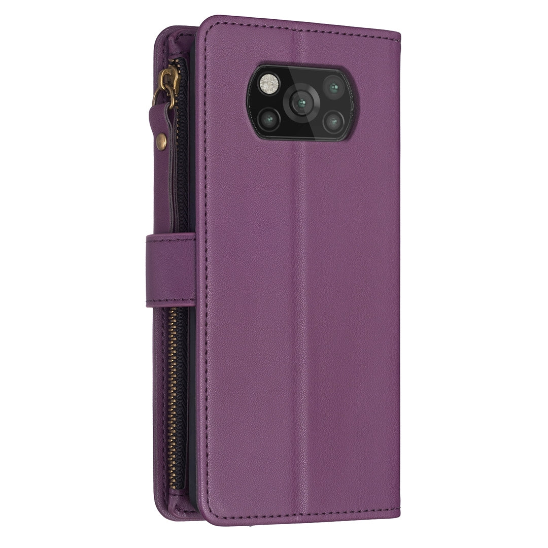Xiaomi Poco X3 Leather Flip Phone Case with 9 Card Slots, Zipper Wallet & Detachable Wristlet Strap
