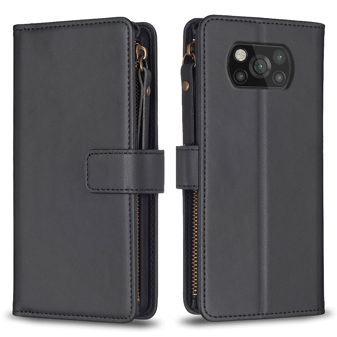 Xiaomi Poco X3 Leather Flip Phone Case with 9 Card Slots, Zipper Wallet & Detachable Wristlet Strap