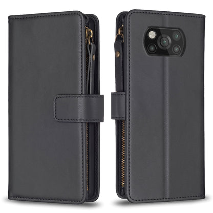 Xiaomi Poco X3 Leather Flip Phone Case with 9 Card Slots, Zipper Wallet & Detachable Wristlet Strap