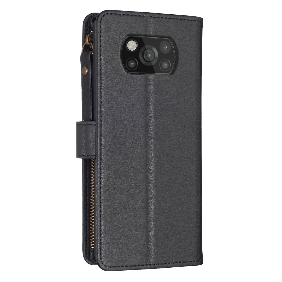 Xiaomi Poco X3 Leather Flip Phone Case with 9 Card Slots, Zipper Wallet & Detachable Wristlet Strap