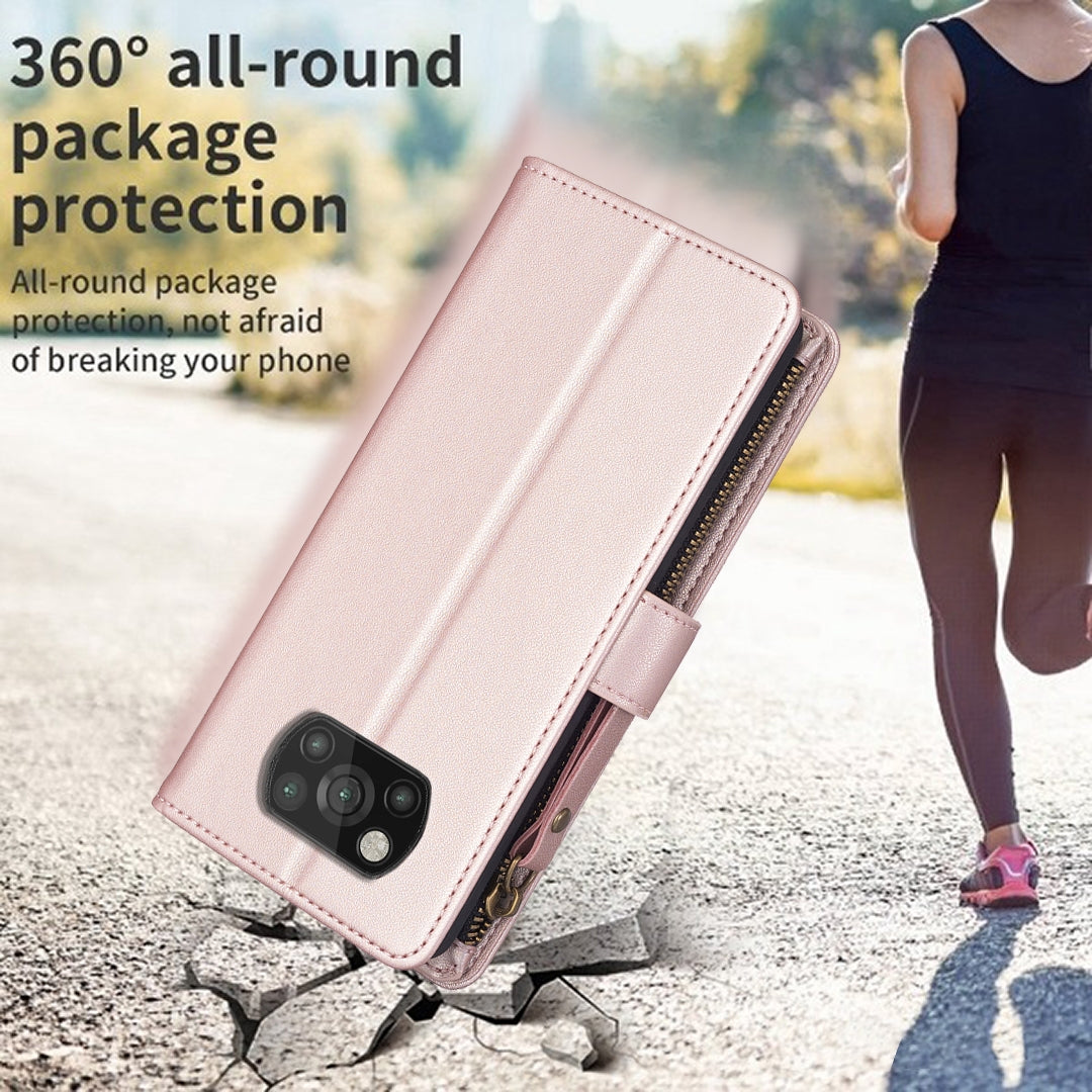 Xiaomi Poco X3 Leather Flip Phone Case with 9 Card Slots, Zipper Wallet & Detachable Wristlet Strap