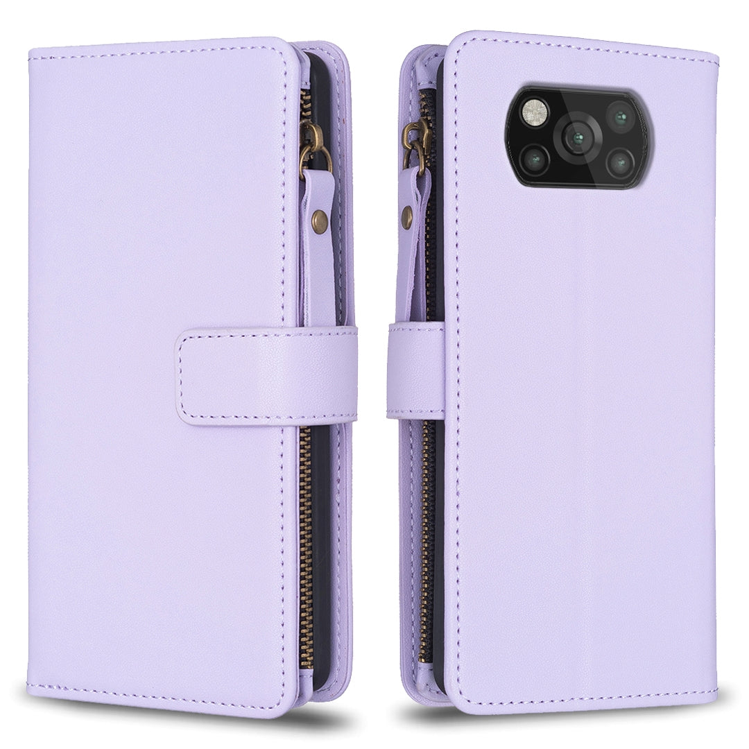 Xiaomi Poco X3 Leather Flip Phone Case with 9 Card Slots, Zipper Wallet & Detachable Wristlet Strap