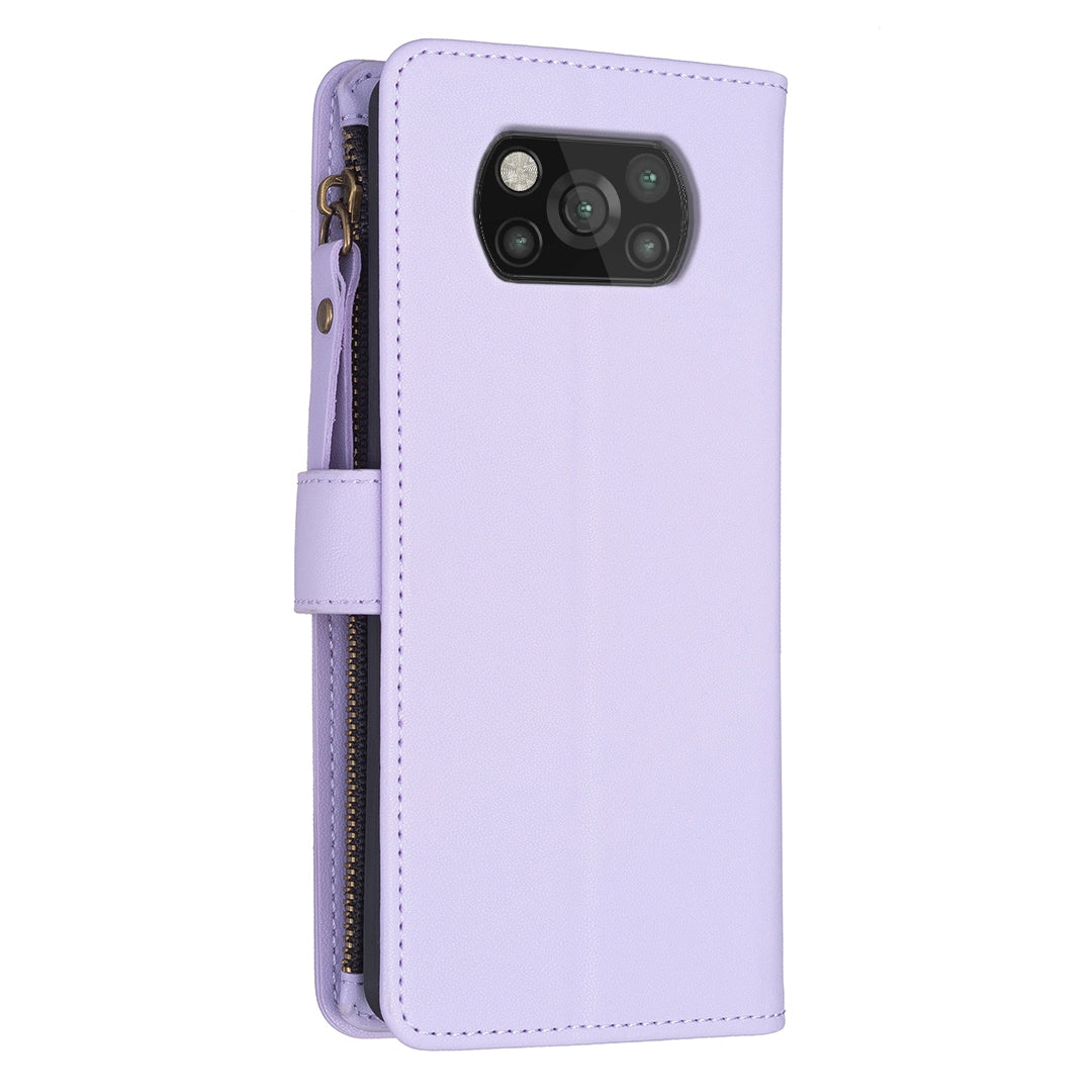 Xiaomi Poco X3 Leather Flip Phone Case with 9 Card Slots, Zipper Wallet & Detachable Wristlet Strap