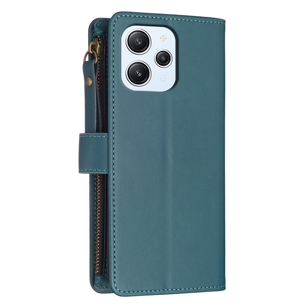 Xiaomi Redmi 12 4G Leather Flip Phone Case with 9 Card Slots, Zipper Wallet & Detachable Wristlet Strap