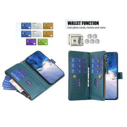 Xiaomi Redmi 12 4G Leather Flip Phone Case with 9 Card Slots, Zipper Wallet & Detachable Wristlet Strap