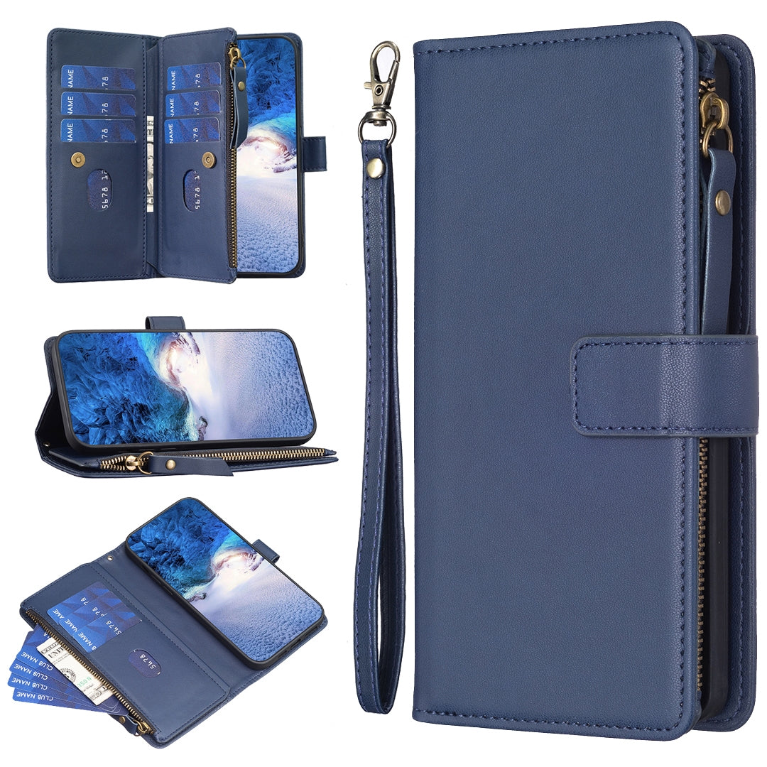 Xiaomi Redmi 12 4G Leather Flip Phone Case with 9 Card Slots, Zipper Wallet & Detachable Wristlet Strap