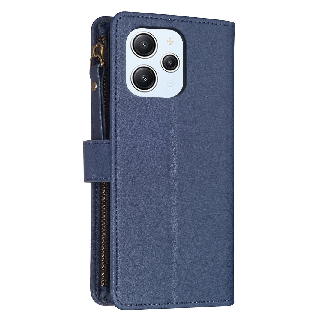 Xiaomi Redmi 12 4G Leather Flip Phone Case with 9 Card Slots, Zipper Wallet & Detachable Wristlet Strap