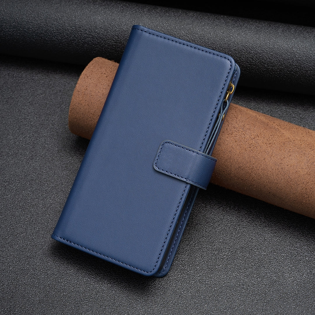 Xiaomi Redmi 12 4G Leather Flip Phone Case with 9 Card Slots, Zipper Wallet & Detachable Wristlet Strap