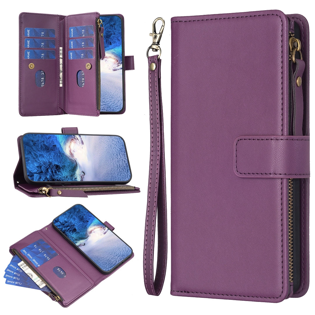 Xiaomi Redmi 12 4G Leather Flip Phone Case with 9 Card Slots, Zipper Wallet & Detachable Wristlet Strap