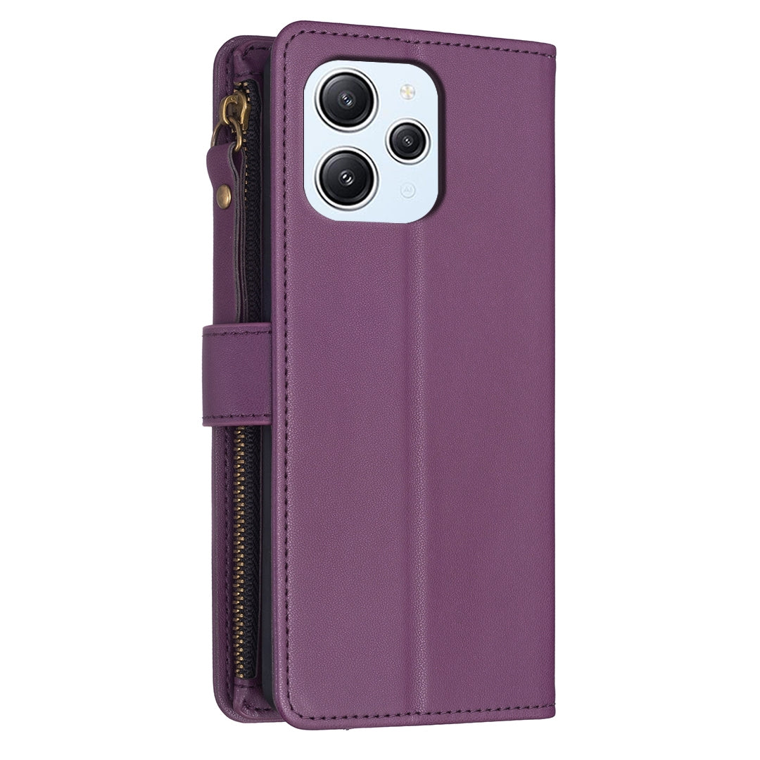Xiaomi Redmi 12 4G Leather Flip Phone Case with 9 Card Slots, Zipper Wallet & Detachable Wristlet Strap