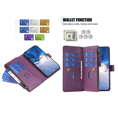 Xiaomi Redmi 12 4G Leather Flip Phone Case with 9 Card Slots, Zipper Wallet & Detachable Wristlet Strap