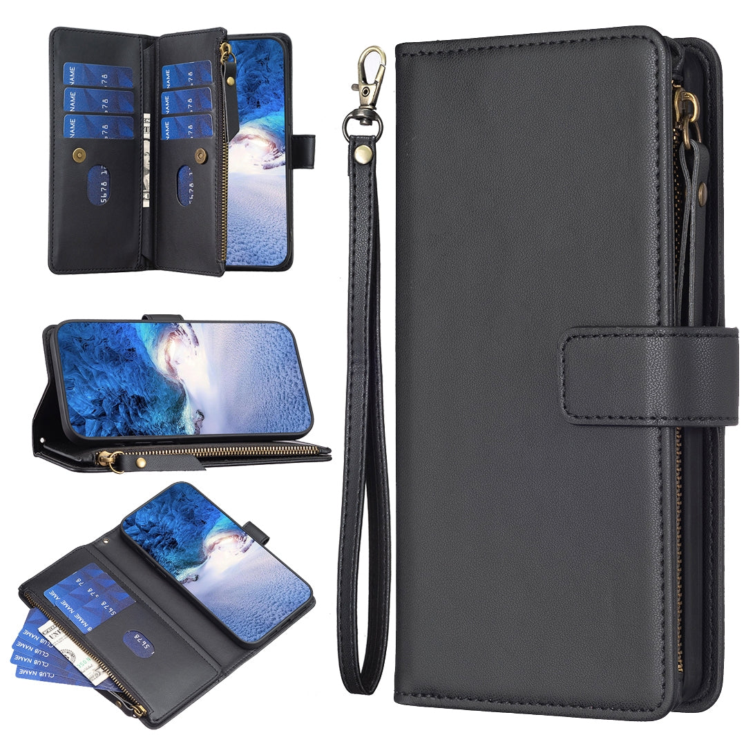 Xiaomi Redmi 12 4G Leather Flip Phone Case with 9 Card Slots, Zipper Wallet & Detachable Wristlet Strap