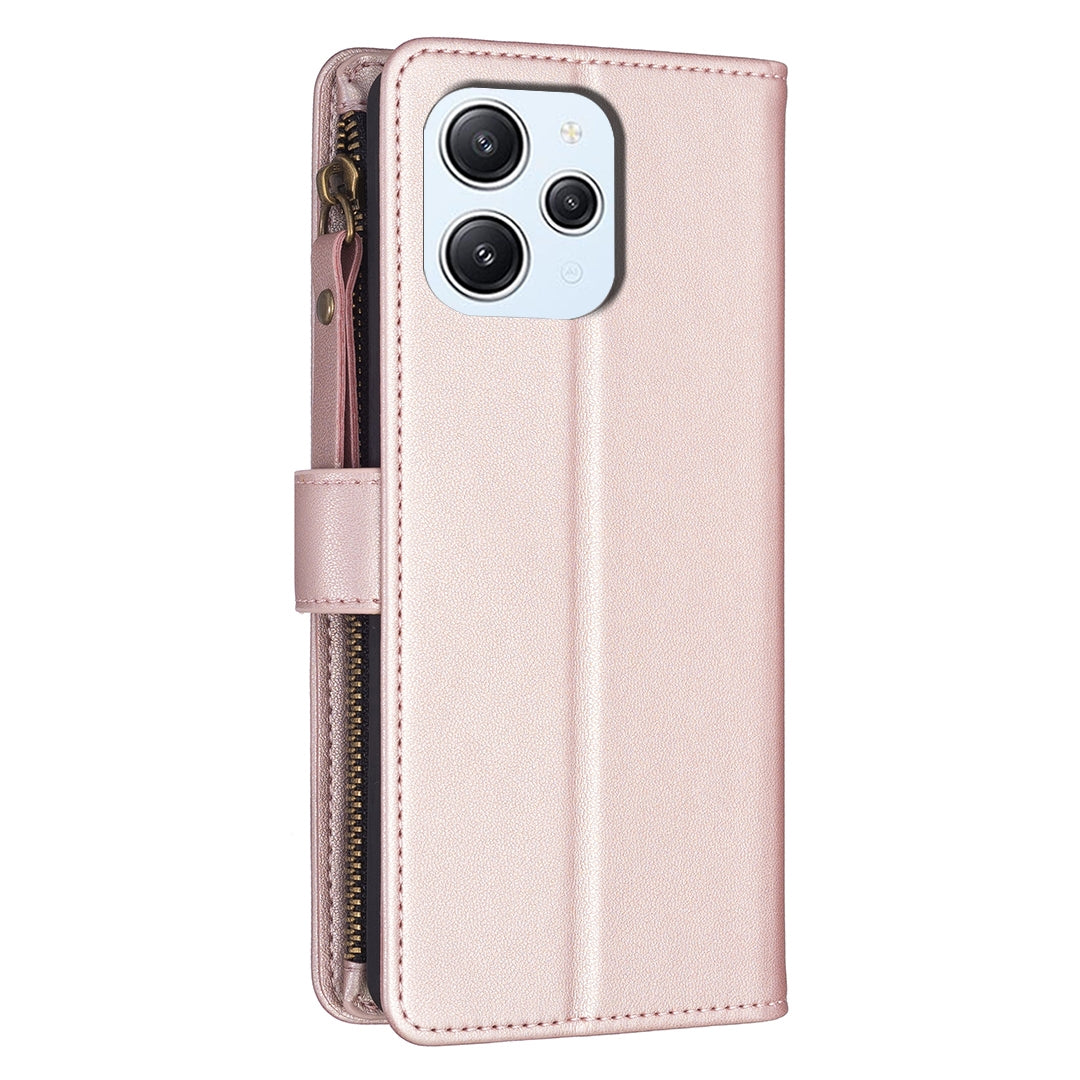 Xiaomi Redmi 12 4G Leather Flip Phone Case with 9 Card Slots, Zipper Wallet & Detachable Wristlet Strap