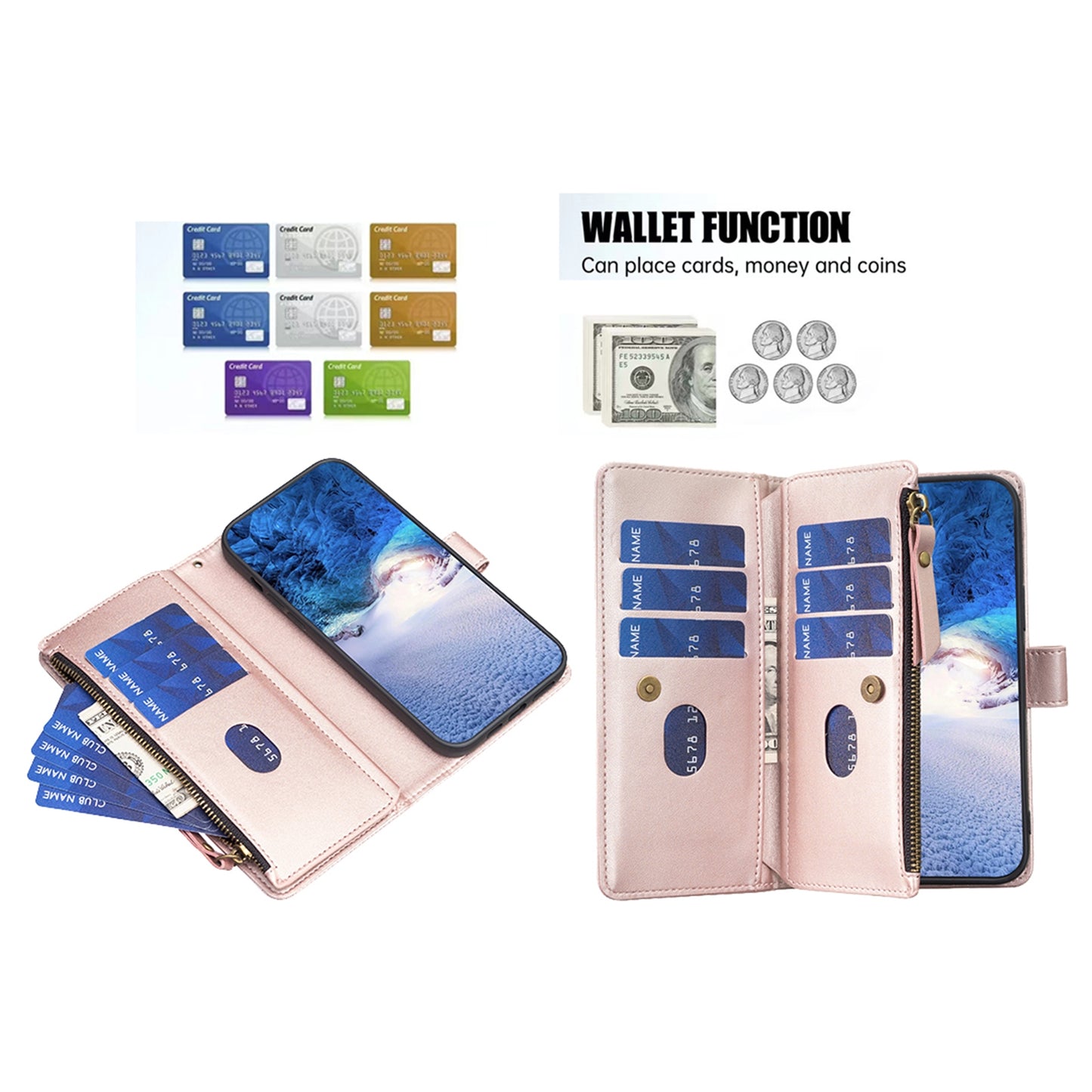 Xiaomi Redmi 12 4G Leather Flip Phone Case with 9 Card Slots, Zipper Wallet & Detachable Wristlet Strap