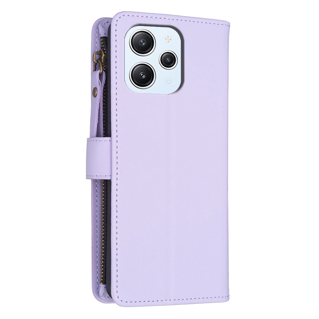 Xiaomi Redmi 12 4G Leather Flip Phone Case with 9 Card Slots, Zipper Wallet & Detachable Wristlet Strap
