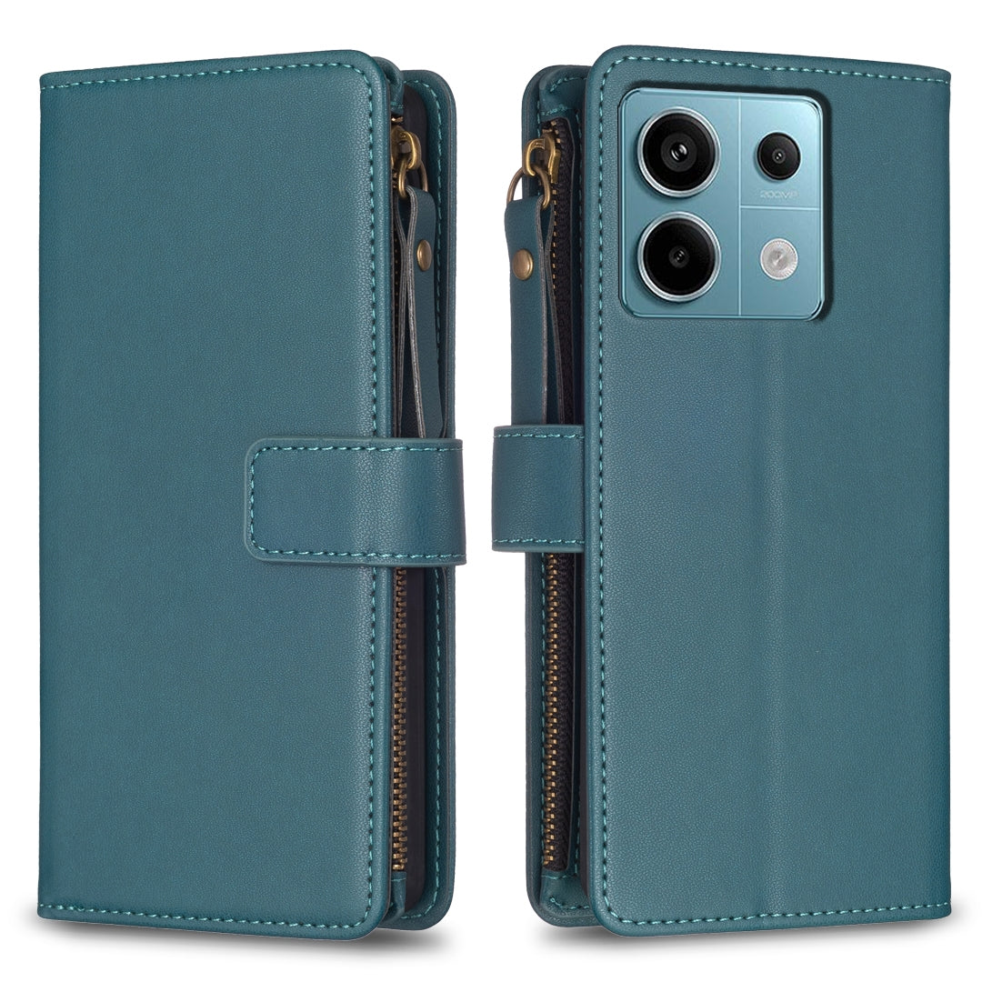 Xiaomi Redmi Note 13 Pro 5G Leather Flip Phone Case with 9 Card Slots, Zipper Wallet & Detachable Wristlet Strap