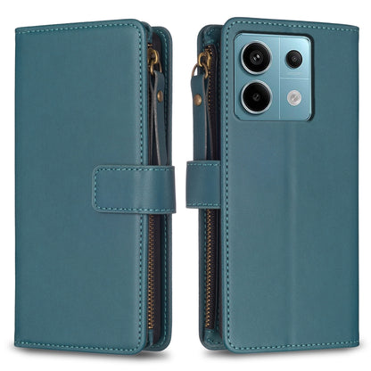 Xiaomi Redmi Note 13 Pro 5G Leather Flip Phone Case with 9 Card Slots, Zipper Wallet & Detachable Wristlet Strap