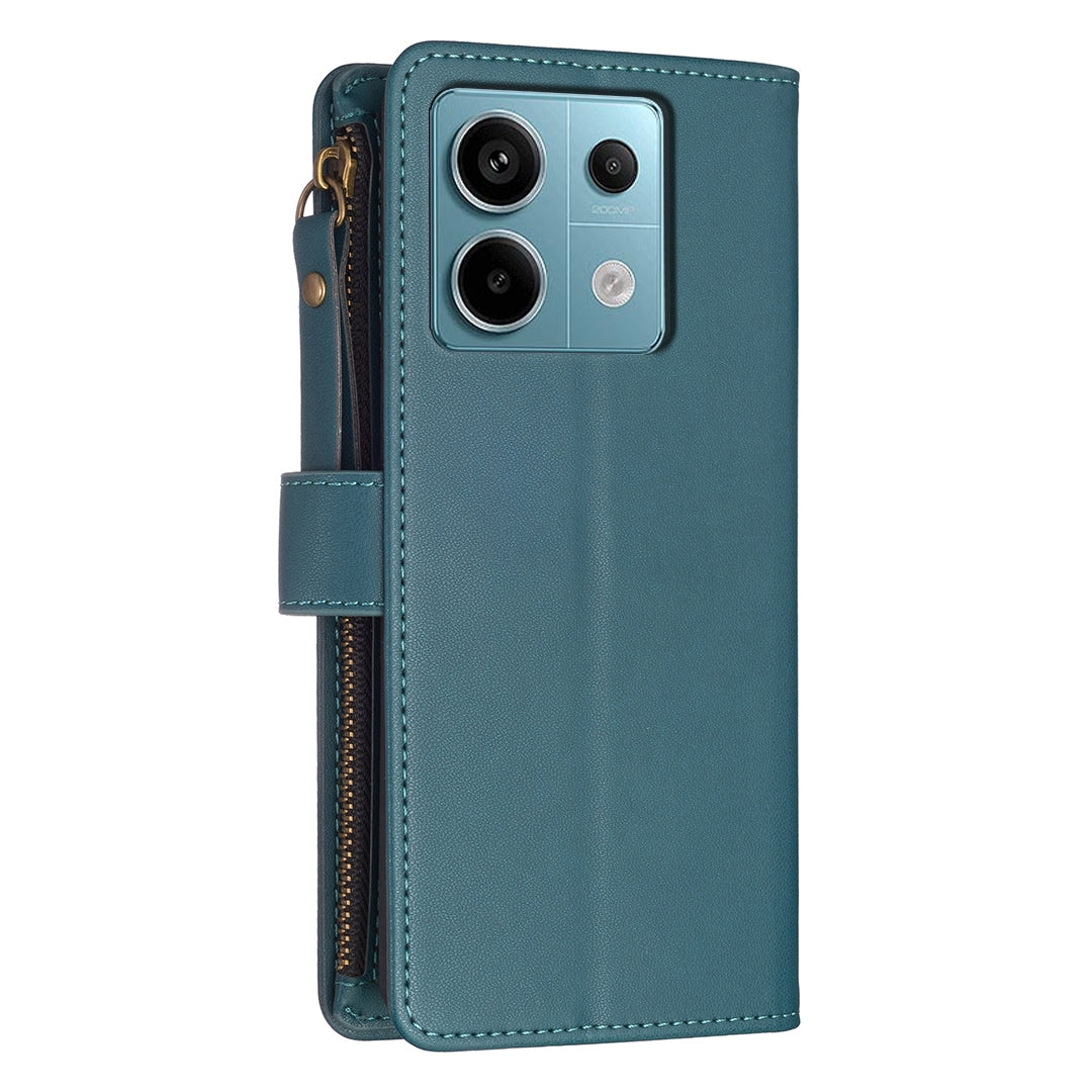 Xiaomi Redmi Note 13 Pro 5G Leather Flip Phone Case with 9 Card Slots, Zipper Wallet & Detachable Wristlet Strap