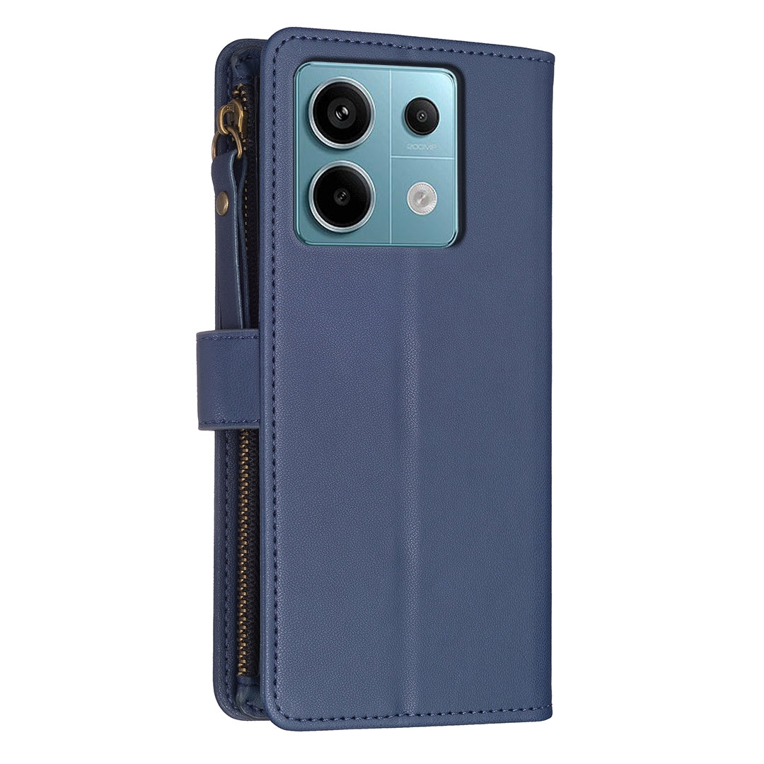 Xiaomi Redmi Note 13 Pro 5G Leather Flip Phone Case with 9 Card Slots, Zipper Wallet & Detachable Wristlet Strap