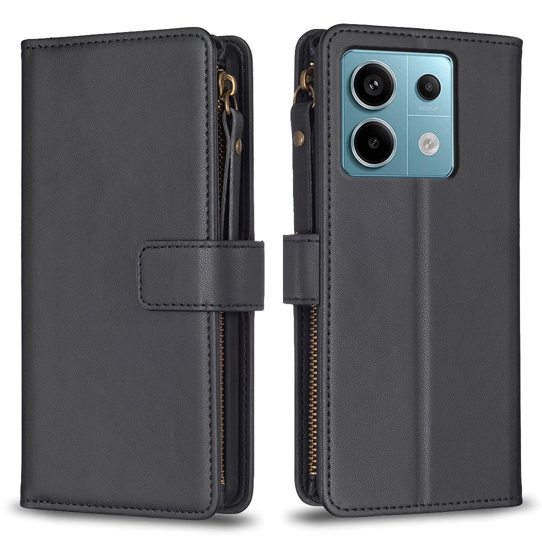 Xiaomi Redmi Note 13 Pro 5G Leather Flip Phone Case with 9 Card Slots, Zipper Wallet & Detachable Wristlet Strap