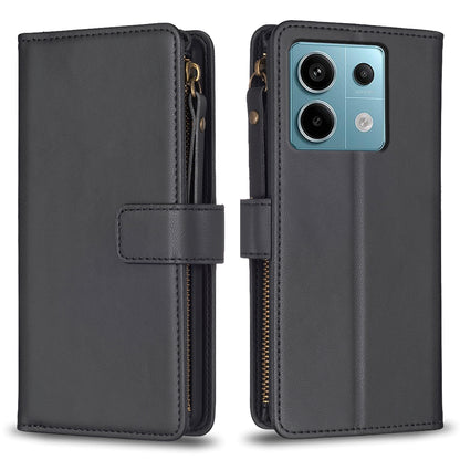 Xiaomi Redmi Note 13 Pro 5G Leather Flip Phone Case with 9 Card Slots, Zipper Wallet & Detachable Wristlet Strap