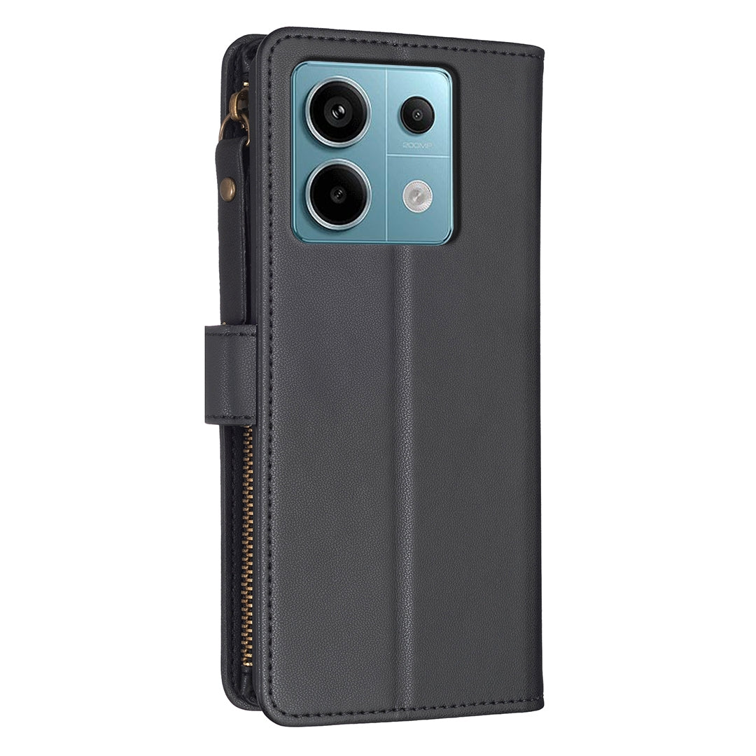 Xiaomi Redmi Note 13 Pro 5G Leather Flip Phone Case with 9 Card Slots, Zipper Wallet & Detachable Wristlet Strap