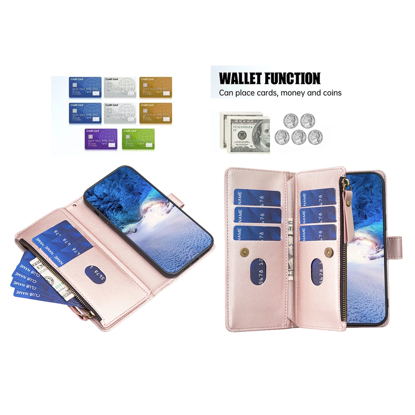 Xiaomi Redmi Note 13 Pro 5G Leather Flip Phone Case with 9 Card Slots, Zipper Wallet & Detachable Wristlet Strap