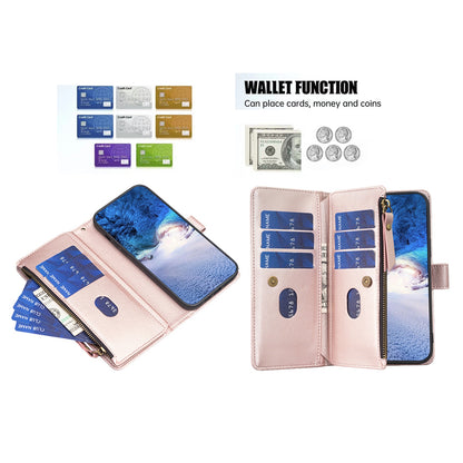 Xiaomi Redmi Note 13 Pro 5G Leather Flip Phone Case with 9 Card Slots, Zipper Wallet & Detachable Wristlet Strap