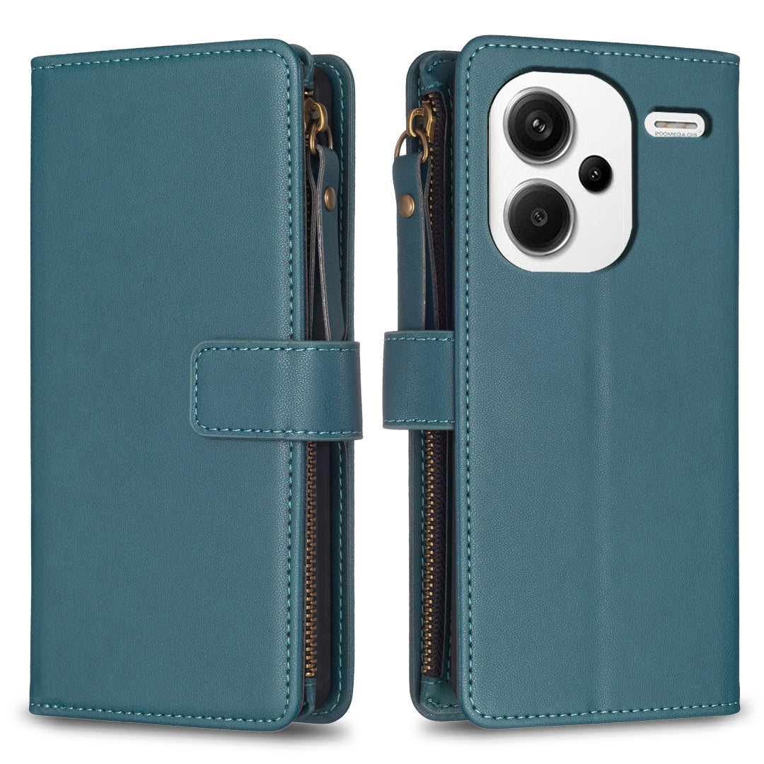 Xiaomi Redmi Note 13 Pro+ 5G Leather Flip Phone Case with 9 Card Slots, Zipper Wallet & Detachable Wristlet Strap