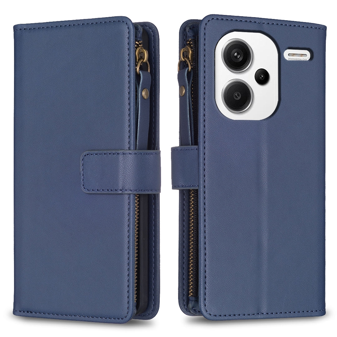 Xiaomi Redmi Note 13 Pro+ 5G Leather Flip Phone Case with 9 Card Slots, Zipper Wallet & Detachable Wristlet Strap