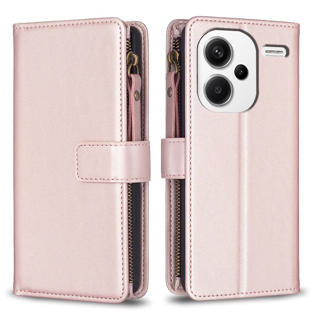 Xiaomi Redmi Note 13 Pro+ 5G Leather Flip Phone Case with 9 Card Slots, Zipper Wallet & Detachable Wristlet Strap