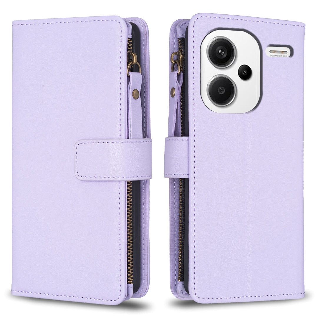 Xiaomi Redmi Note 13 Pro+ 5G Leather Flip Phone Case with 9 Card Slots, Zipper Wallet & Detachable Wristlet Strap