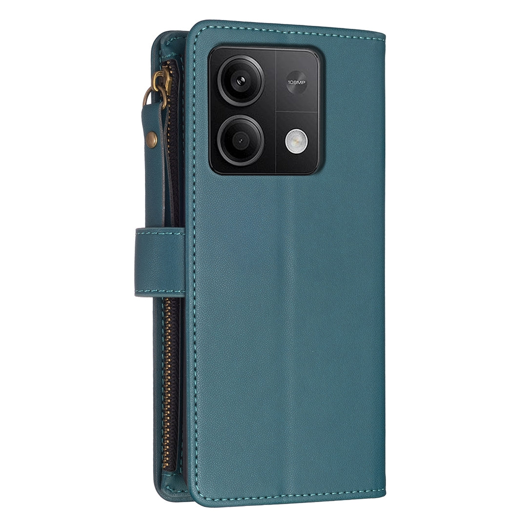 Xiaomi Redmi Note 13 Leather Flip Phone Case with 9 Card Slots, Zipper Wallet & Detachable Wristlet Strap