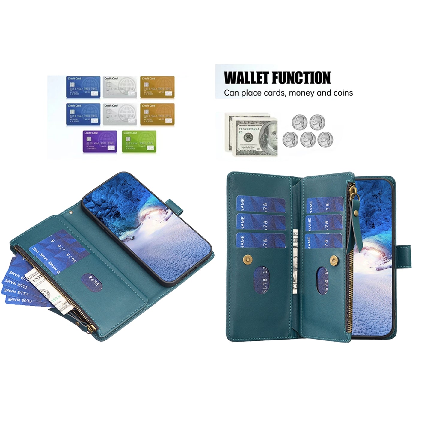 Xiaomi Redmi Note 13 Leather Flip Phone Case with 9 Card Slots, Zipper Wallet & Detachable Wristlet Strap