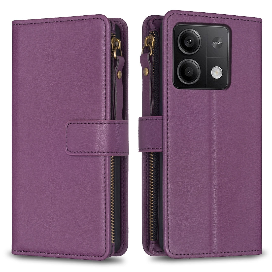Xiaomi Redmi Note 13 Leather Flip Phone Case with 9 Card Slots, Zipper Wallet & Detachable Wristlet Strap