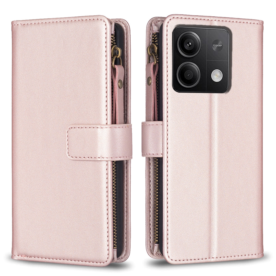Xiaomi Redmi Note 13 Leather Flip Phone Case with 9 Card Slots, Zipper Wallet & Detachable Wristlet Strap