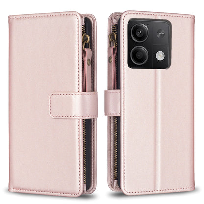 Xiaomi Redmi Note 13 Leather Flip Phone Case with 9 Card Slots, Zipper Wallet & Detachable Wristlet Strap