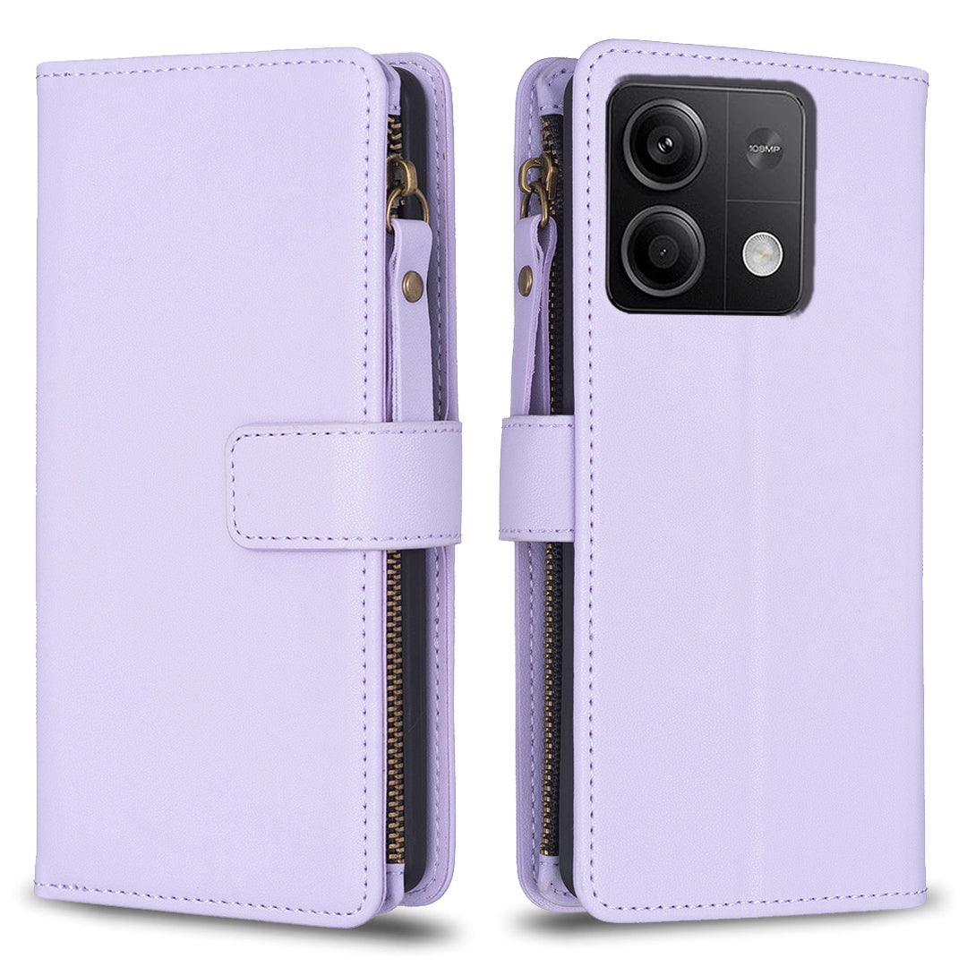 Xiaomi Redmi Note 13 Leather Flip Phone Case with 9 Card Slots, Zipper Wallet & Detachable Wristlet Strap
