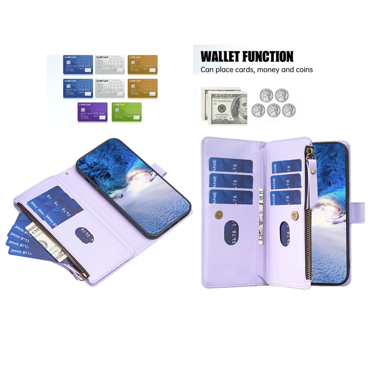 Xiaomi Redmi Note 13 Leather Flip Phone Case with 9 Card Slots, Zipper Wallet & Detachable Wristlet Strap