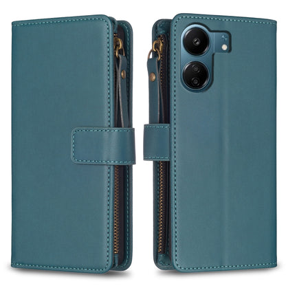 Xiaomi Redmi 13C Leather Flip Phone Case with 9 Card Slots, Zipper Wallet & Detachable Wristlet Strap