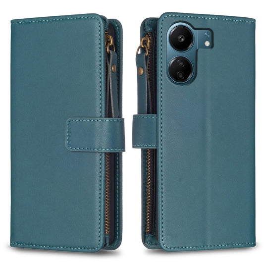 Xiaomi Redmi 13C Leather Flip Phone Case with 9 Card Slots, Zipper Wallet & Detachable Wristlet Strap