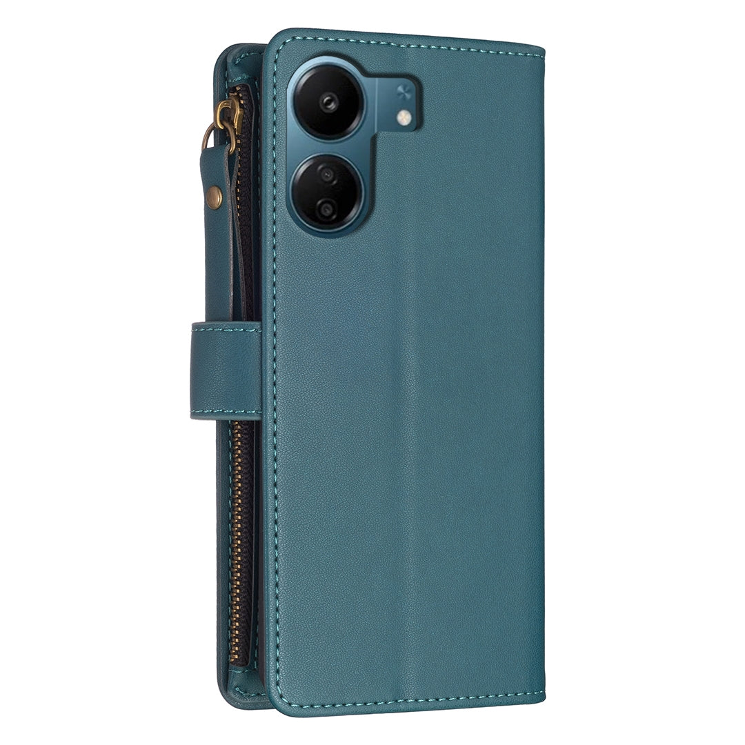 Xiaomi Redmi 13C Leather Flip Phone Case with 9 Card Slots, Zipper Wallet & Detachable Wristlet Strap