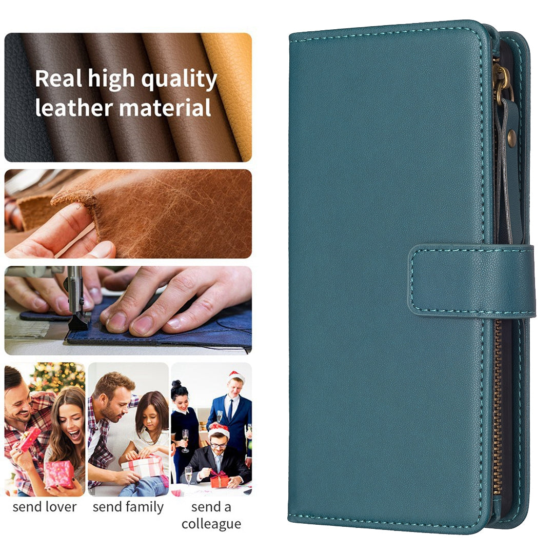 Xiaomi Redmi 13C Leather Flip Phone Case with 9 Card Slots, Zipper Wallet & Detachable Wristlet Strap