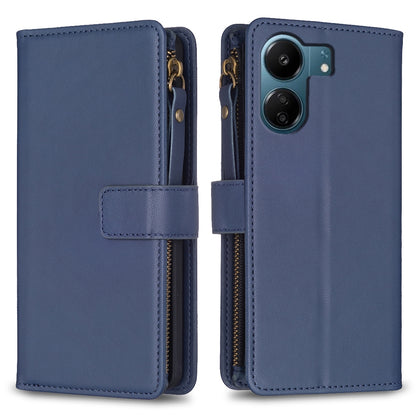 Xiaomi Redmi 13C Leather Flip Phone Case with 9 Card Slots, Zipper Wallet & Detachable Wristlet Strap