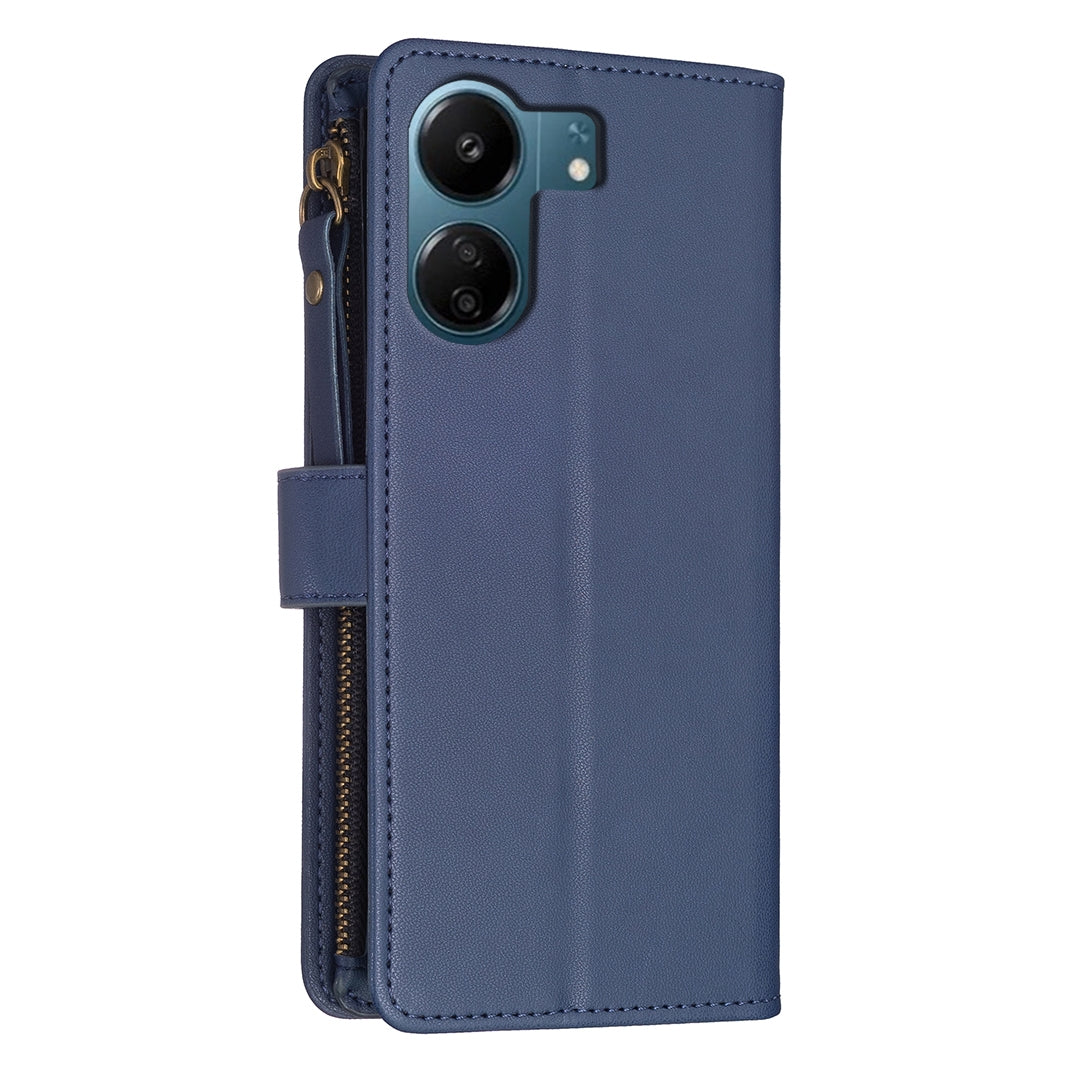 Xiaomi Redmi 13C Leather Flip Phone Case with 9 Card Slots, Zipper Wallet & Detachable Wristlet Strap