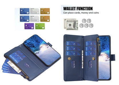 Xiaomi Redmi 13C Leather Flip Phone Case with 9 Card Slots, Zipper Wallet & Detachable Wristlet Strap
